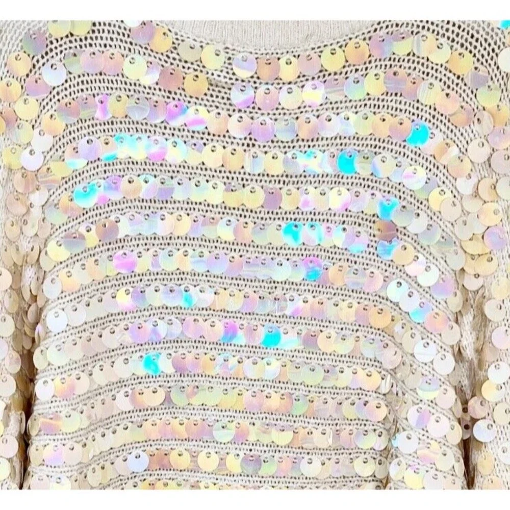 Vintage Semplice Pailette Sequin Dolman Sleeve Cream Sweater 1980s 80s Medium - Picture 4 of 5